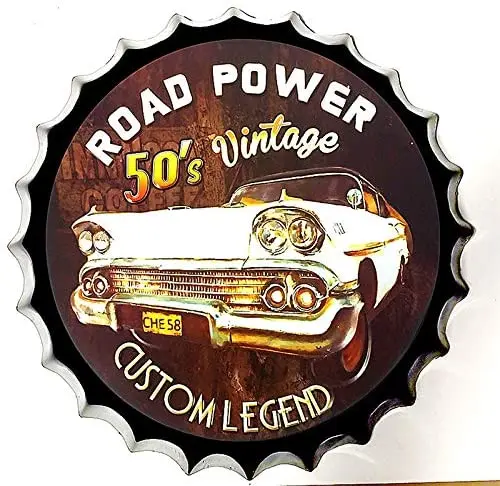 

Tin Sign Bottle Cap Metal Tin Sign Classic Cars Retro Car , Round Metal Signs for Home and Kitchen Bar Cafe Gas Station Garage