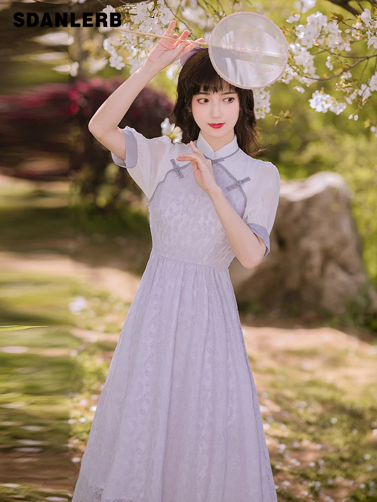 

Summer Court Retro Improved Cheongsam Dress Waist Trimming Slimming Purple Vestido Feminino Short Sleeve Elegant Dresses