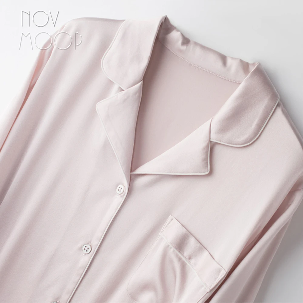 Novmoop Korean elegant fashion style stretch silk full sleeve shirt and pants women summer sleeping pajamas two sets LT3103