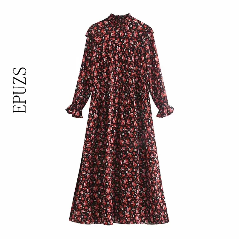 Зимнее красное платье с цветочным принтом и длинным рукавом женское