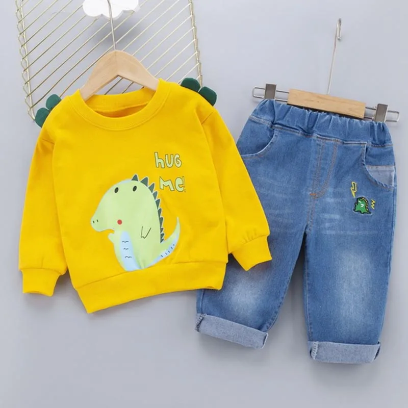 

Boy Solid Color Cartoon Print Long Sleeve Top Pullover Suit 2 Piece Baby Kids Casual Denim + Round Neck Shirt Clothing
