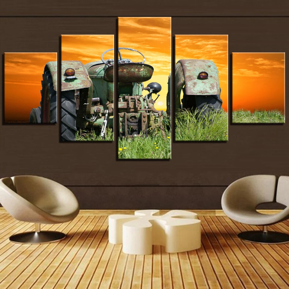 

5Pcs Retro Farm Tractor and Sunshine Pictures Wall Art Home Decor Posters Canvas HD Paintings Decoration Living Room Accessories