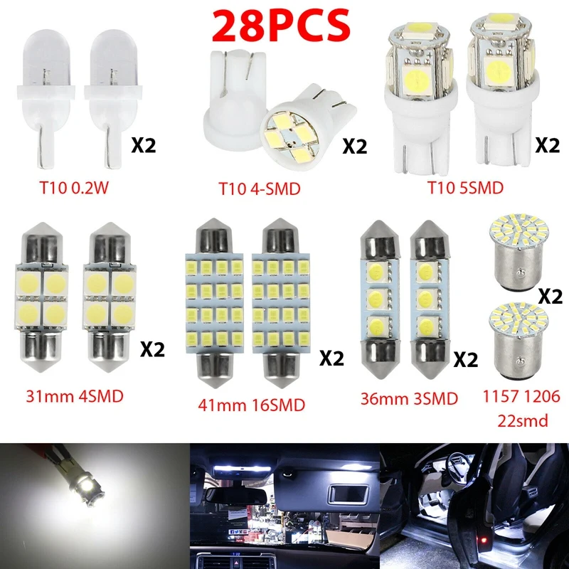 

28Pcs Auto Car Interior LED Lights Dome License Plate Mixed Lamp Kit T10 Accessories