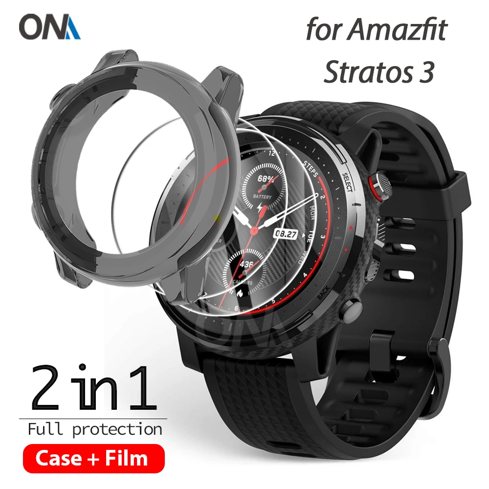 2+1 Protector Case + Screen Protector for Huami Amazfit stratos 3 smart watch Soft TPU Protective Cover Tempered Glass Film