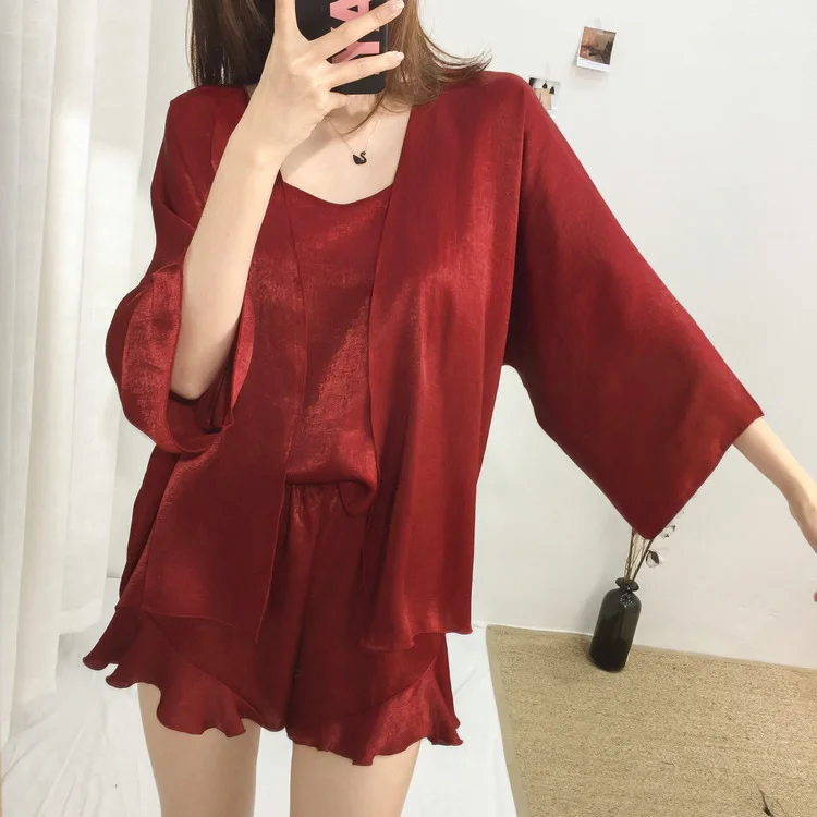 Korean Version Thin New Velvet Three Piece Pajamas Women's Suspender Pajamas Coat Home Clothes Spring Summer Autumn Sleep Tops