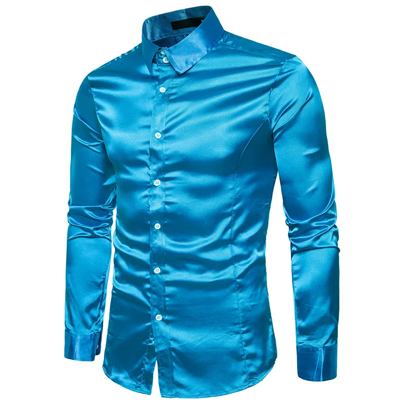 

2021 New Hollow European Size Men's Luxury Sequin Glitter Shirts New Long Sleeve Silk Satin Shiny Disco Party Nightclub Shirt