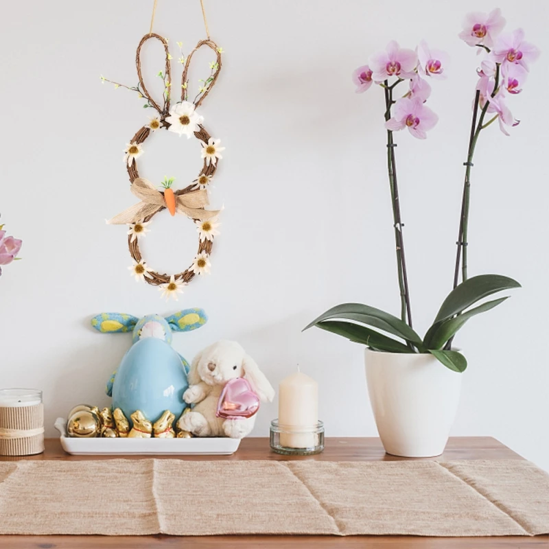 

Easter LED Lights Wreath Bunny Garland Rattan Wreath Ornaments Easter Rabbit Ears Wreath Decorating Front Door Wall Easter