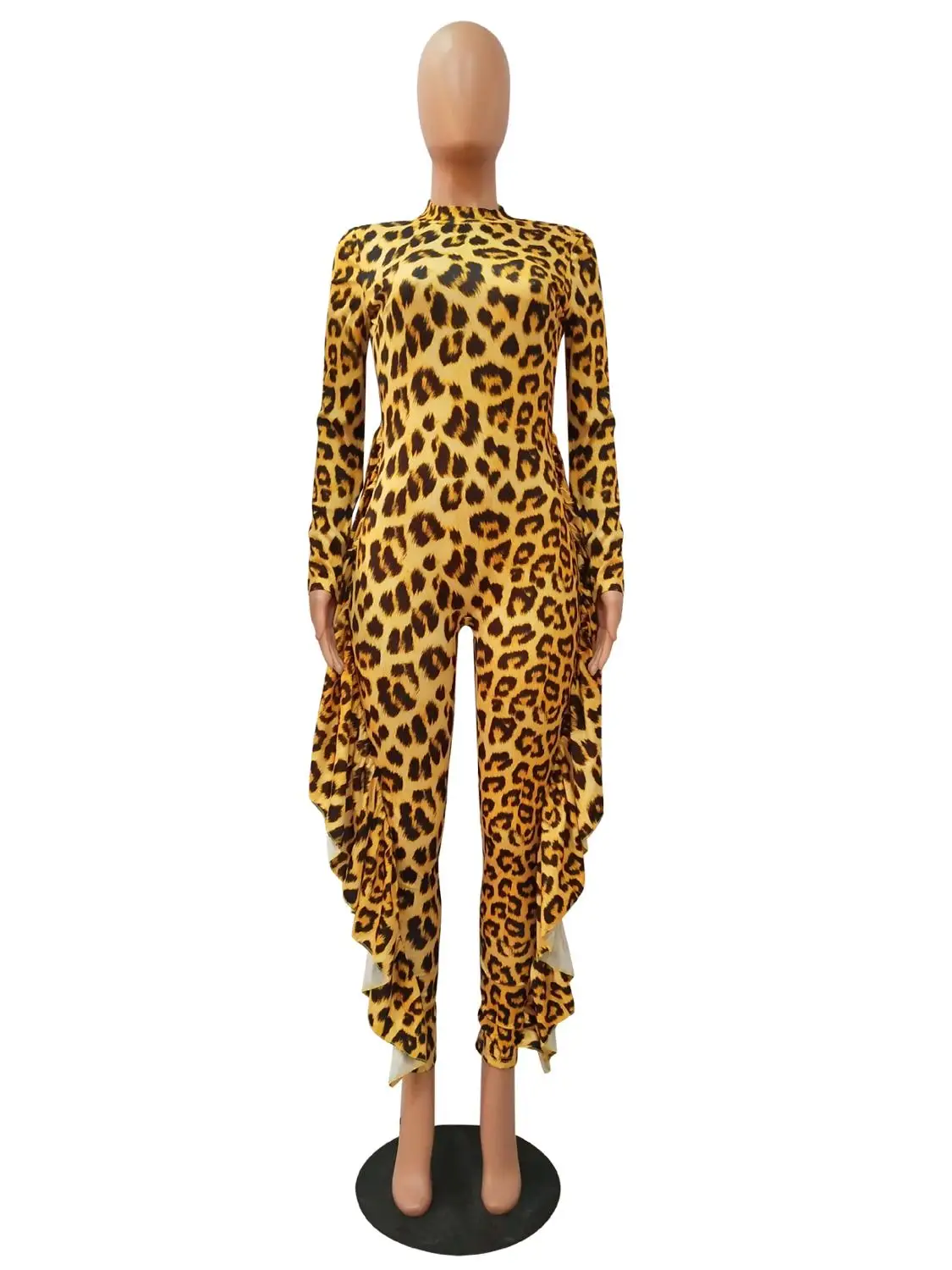 Сексуальный леопардовый принт рюшами бинты Bodycon комбинезон осень повседневная