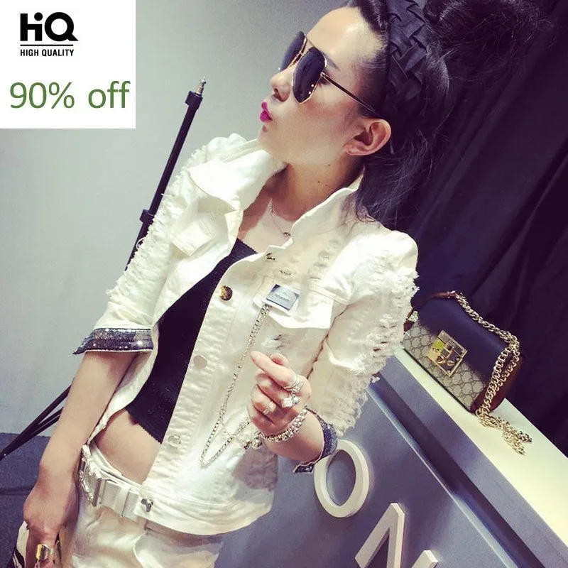 Осенняя мода женские белые рваные джинсы комплект из двух предметов Harajuku