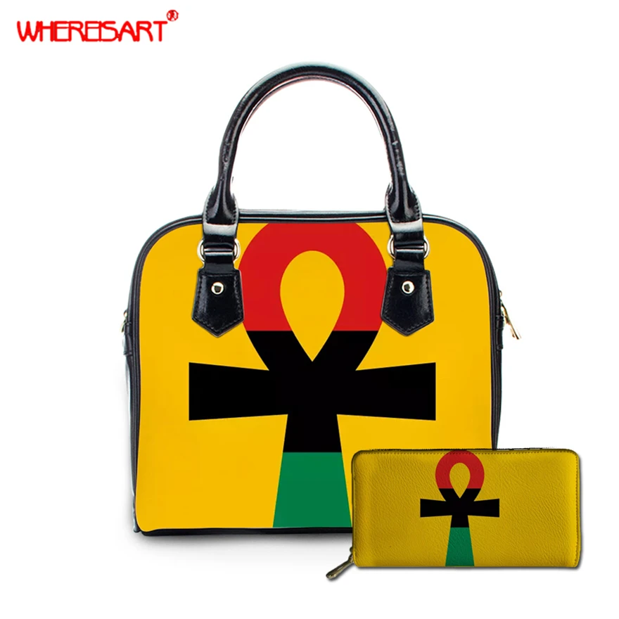 

WHEREISART Afro American Pan African UNIA Flag Ankh Handbag and Purse Set Ladies Messenger Crossbody Shoulder Bags Women Handbag