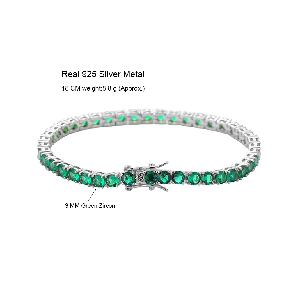 Браслет женский/мужской из серебра 925 пробы с зеленым цирконом 3 мм 15-21 см |