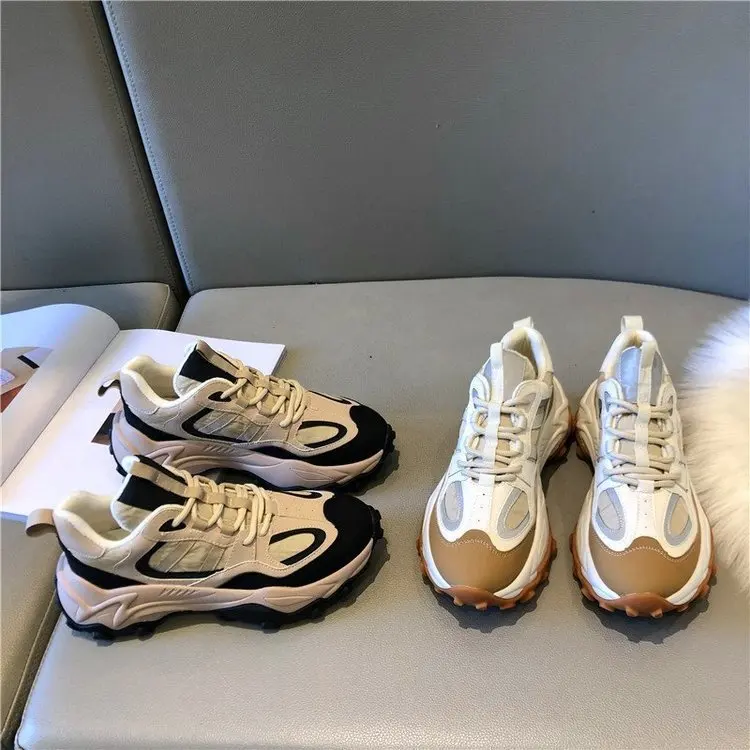 

INS Super Hot Dad Shoes Women's 2021 Spring and Autumn New Color Matching Lace-up Platform Sneakers
