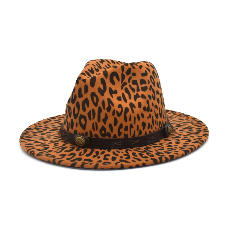 Simple Unisex Flat Brim Wool Felt Jazz Fedora Hats Men Women Leopard Grain Leather Band Decor Trilby Panamal Hats F93