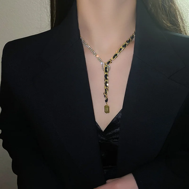 

Rhinestone Cuban Link Chain Necklace For Women Waist Gold Chain Black Silk Ribbon Punk Bohemian For Valentines Day Hiphop Party