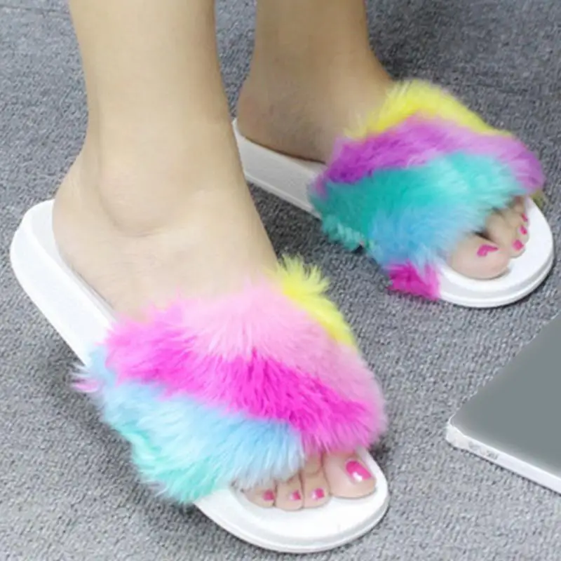 Женские разноцветные меховые пушистые тапочки Женская милая плюшевая повязка