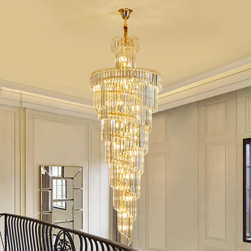

Staircase Long Chandelier Duplex Building Hall Crystal Chandelier Lighting Modern Villa Hollow Rotating Gold Large Room