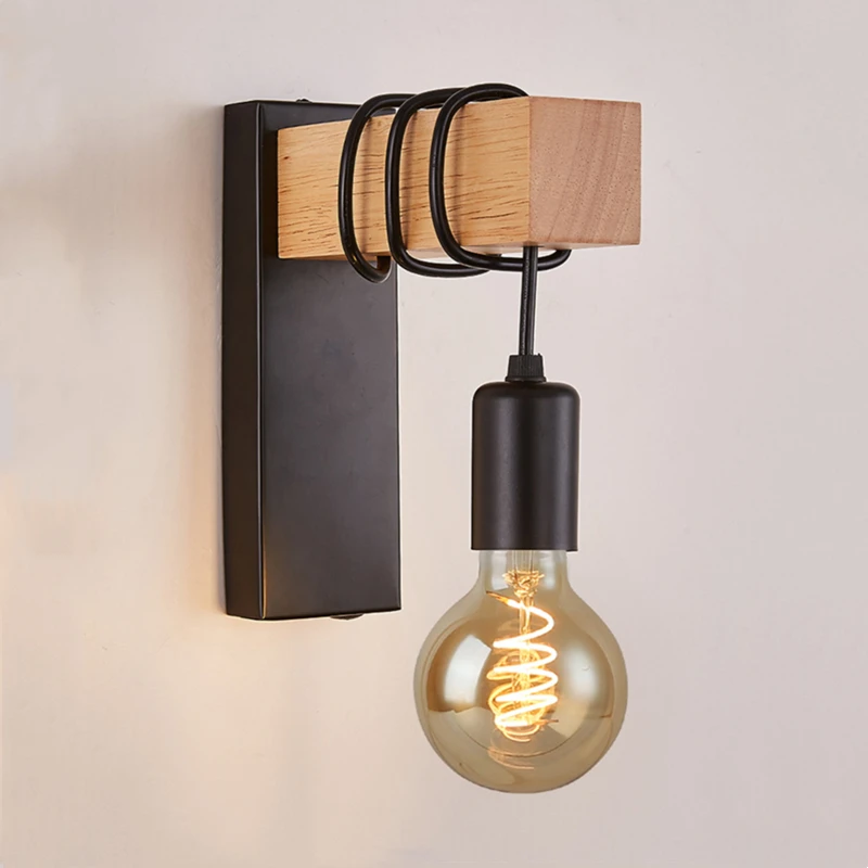 

Vintage Wooden LED Wall Lamp Industrial Loft E27 AC110V/220V Sconces Home Bedroom Bedside Stair Indoor Decor Wall Lights Fixture