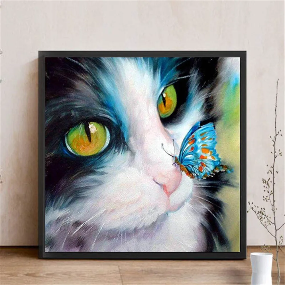 

Полная дрель Круглый Алмаз 5D DIY Алмазная картина кошка игра с бабочками картины Вышивка крестиком Мозаика домашний декор