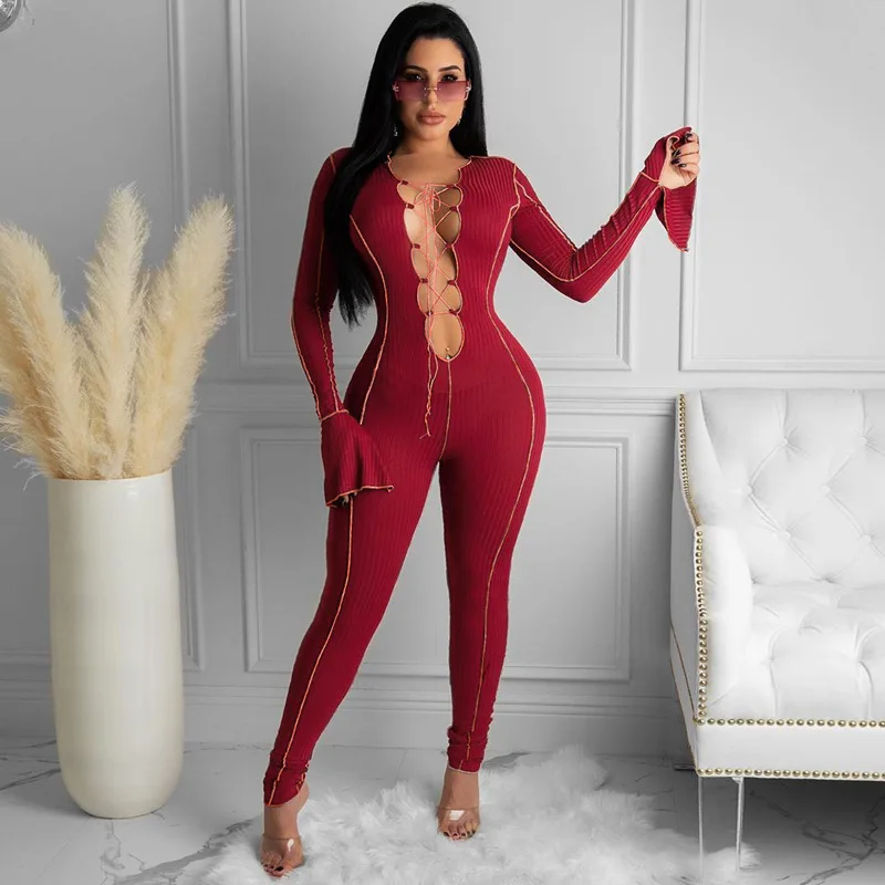 

Echoine Red Lace Up Hollow Out Sexy Jumpsuit Women V-neck Bodycon Playsuit Flare Sleeve Fitness Rompers Clubwear Party Outfits