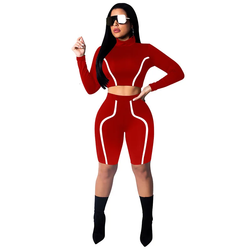 Autumn Women Two Piece Set Stripe Long Sleeve Trutleneck Crop Tops With High Waist Pants Tracksuit Sport Wear Ensemble Femme Rm* |