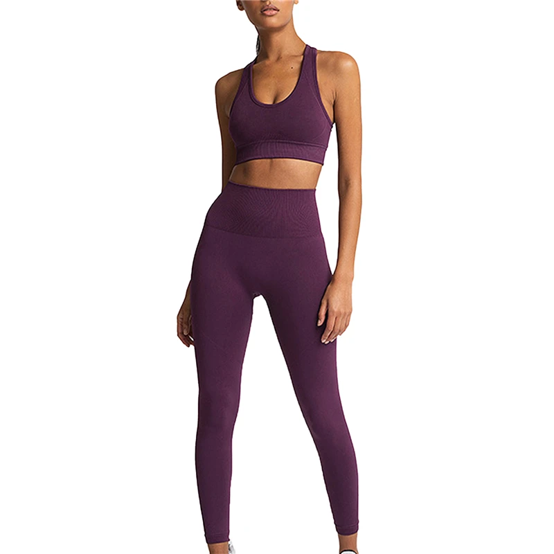 

2021 2 PCS/Set Women Quality Sportswear Solid Sexy Sets Fashion Seamless Set Sports Vest & Tights Running Wear Tight Suits