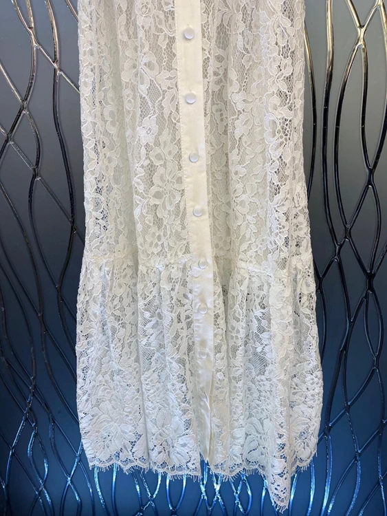 

Dress Lace Long 2021 Summer Fashion Party Evening Women Allover Crochet Lace Flowers Belt Deco Short Sleeve Long Shirt Dress