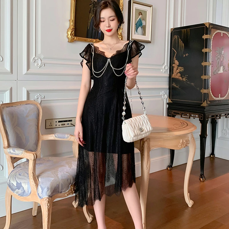 

Fashion Summer Vintage Diamonds Chain Midi Party Club Dress Ladies Elegant Casual Flying Sleeve Lace Perspective Vacation Dress