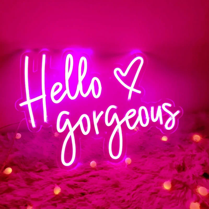 OHANEONK Custom Made Neon Sign of Hello Gorgeous Heart LED Lights for Wall Party Wedding Shop Restaurant Birthday Decoration