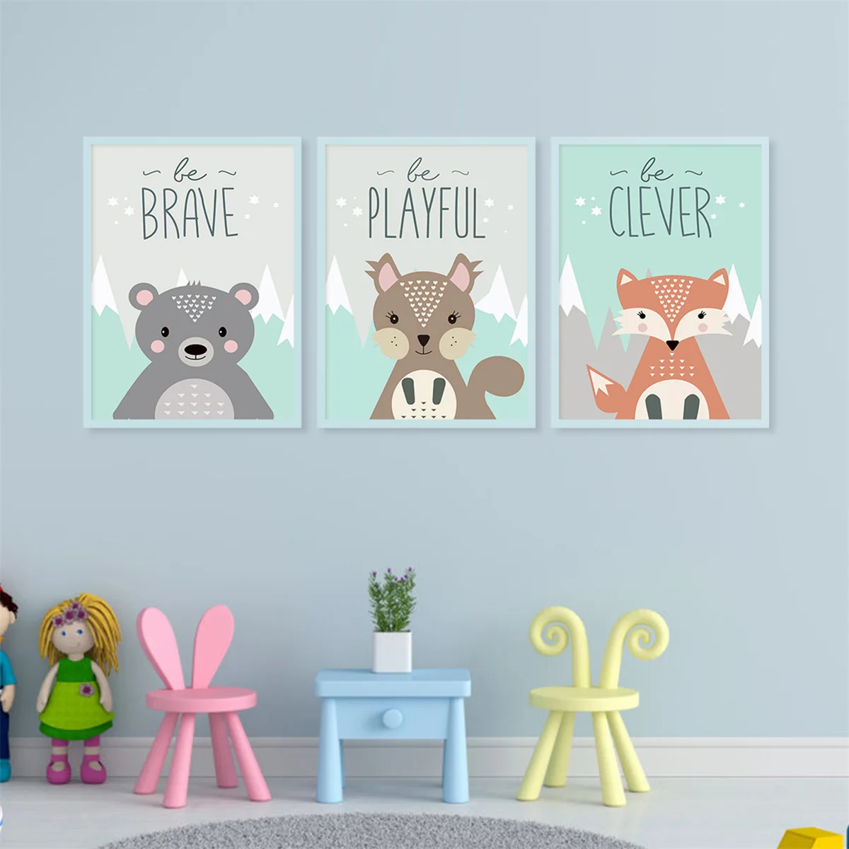 

Cute Cartoon Animal Canvas Painting Beas Squirrel Fox Poster Brave Playful Clever Nursery Wall Art Picture Nordic Kid Room Decor