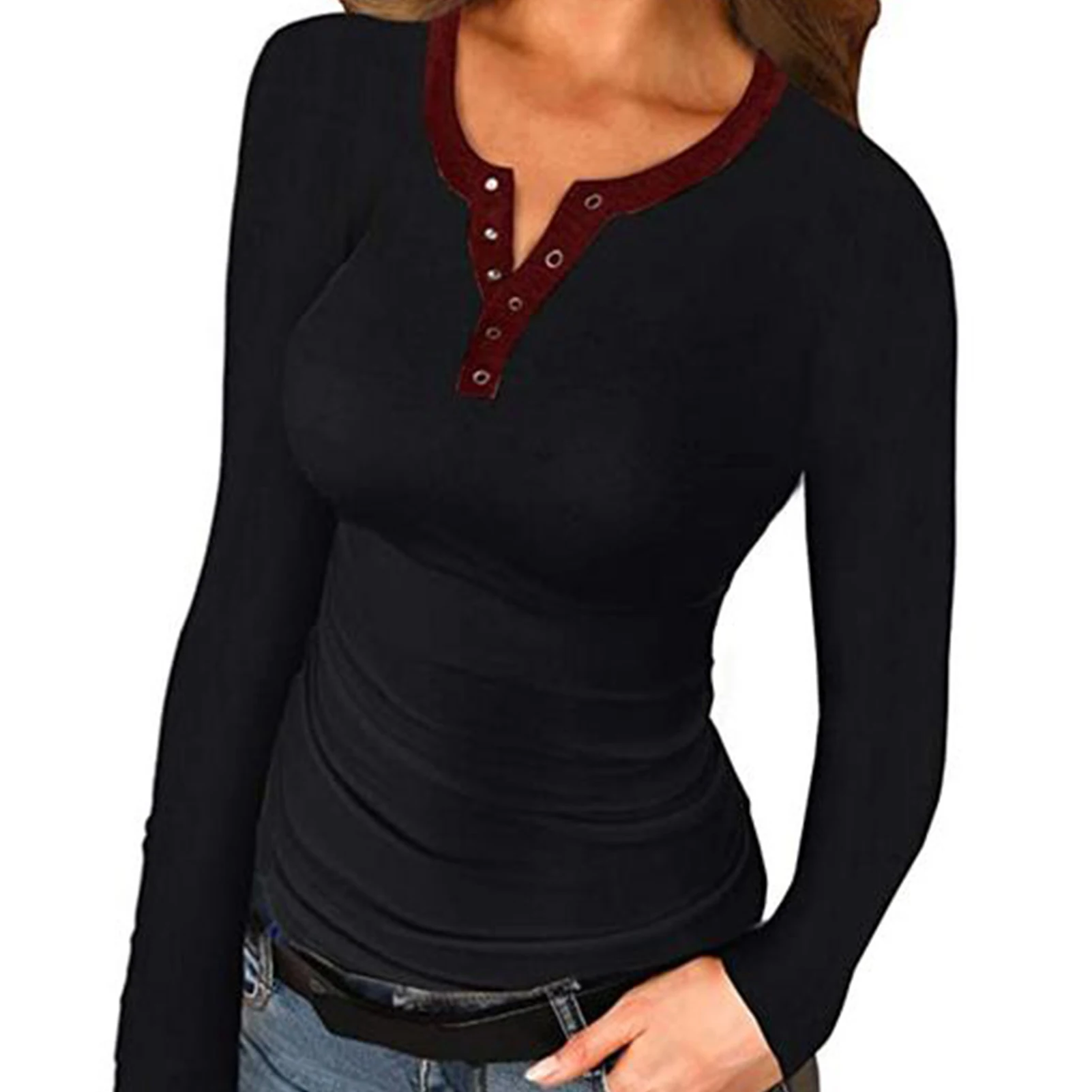 

Women Stylish Solid Color Long Sleeve Round Neck Slim-Fit Bottoming Blouse Top