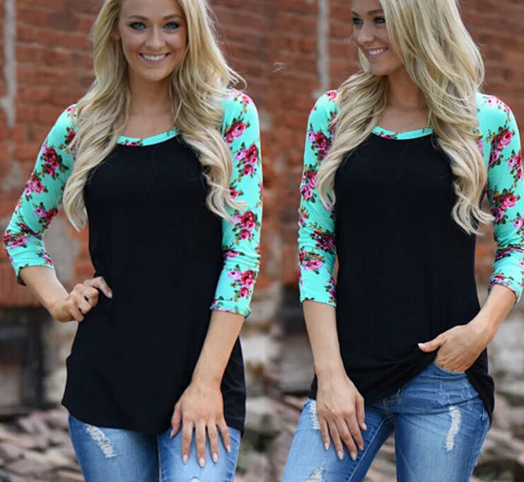 

Hot Sale Spring Floral Patchwork Pullover Femme T-shirt 2020 Fashion Popular Female O Neck Full Sleeve Tee Top 2 Color