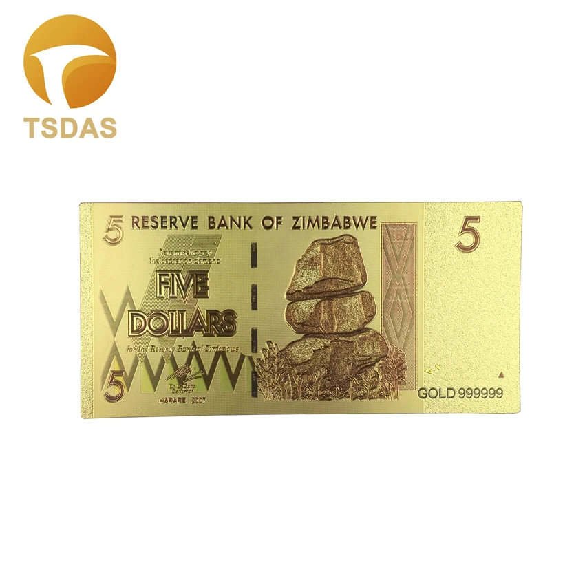 999 г. Зимбабве золотое покрытие для банкнот 5 долларов Золотая фольга 24K банкноты 10