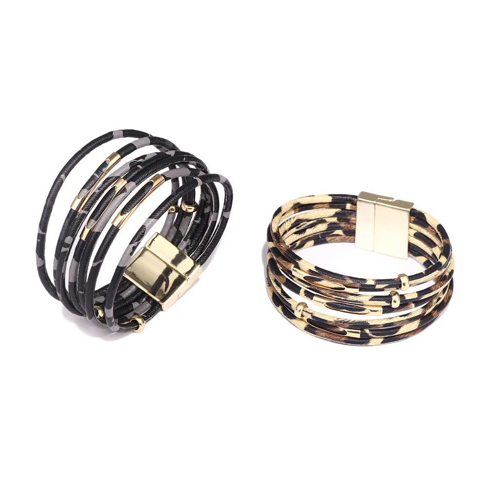 Multilayer Magnet Fashion Leopard Trendy Leather Bracelets Women Fashion Girl Cuff Bangle Female Jewelry geometric