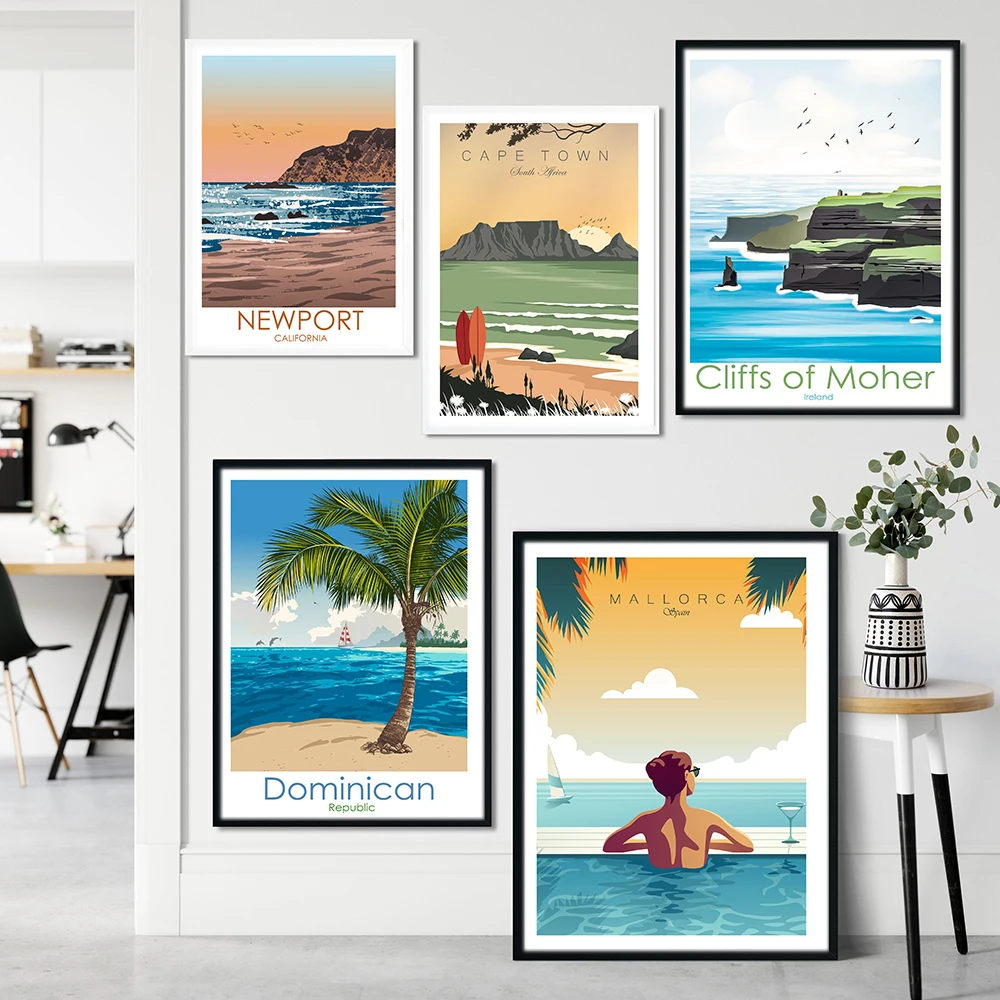 

Modern Famous City Posters And Print Retro Travel Canvas Painting Beach Havana Newport Landscape Wall Art Picture For Home Decor