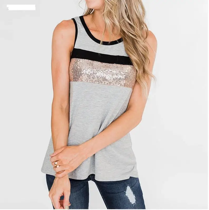 

Hot Selling European and American-Style Spring-Summer 2020 New Style T-shirt Sexy Sequin Panel round Neck Tank Top