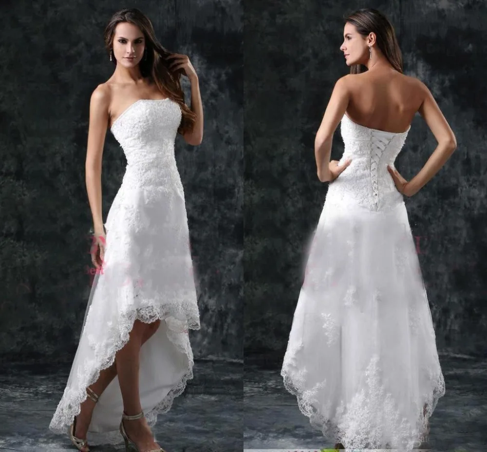 Недорогое летнее пляжное свадебное платье Hi Lo с кружевом короткое спереди