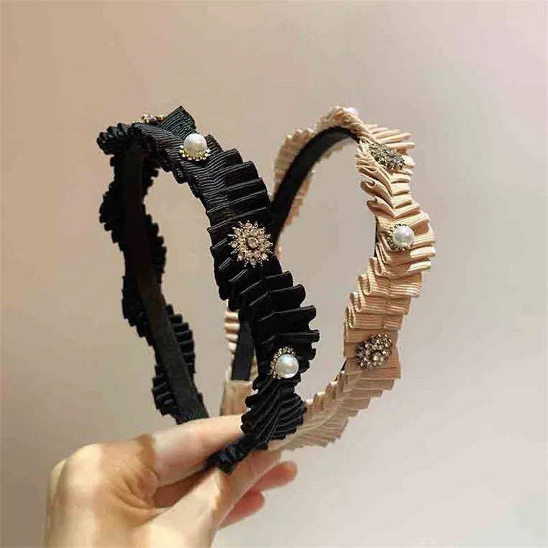 

Pearl Rhinestones Hair Band Pleated Wave Lace Headband For Women Europe And America Retro Headwear