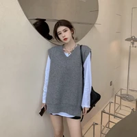 autumn winter v neck loose vest knitting sweater womens thin inside t shirt two piece suit ladies 2021 new casual streetwear