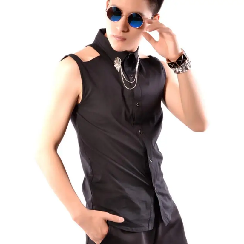 

And The Europe United States Large Size Sexy Hollow Design Sleeveless Shirt Black Dj Men Singer Stage Performance Costumes/s-5xl