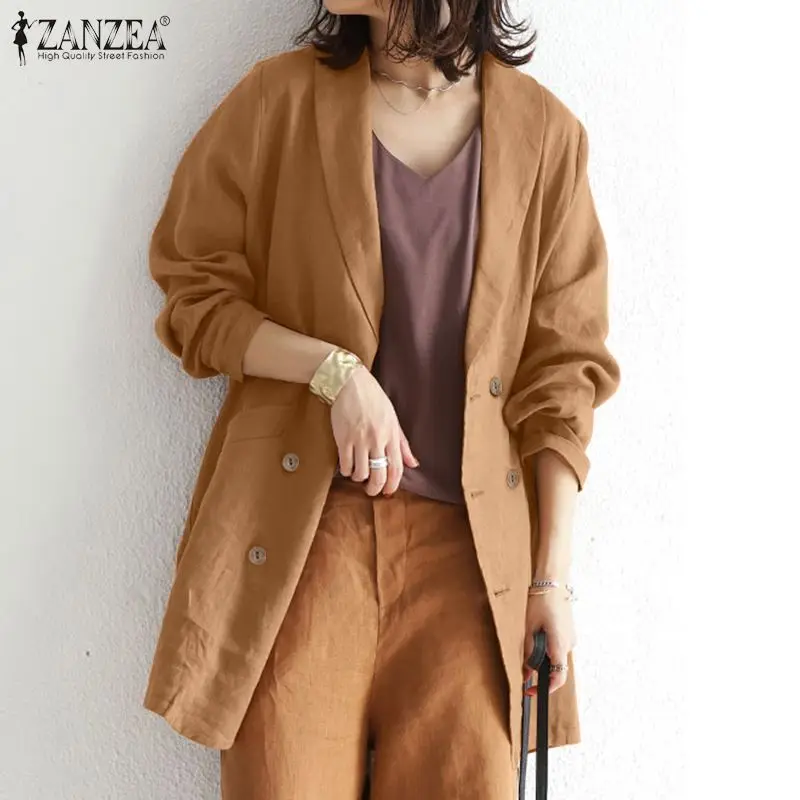 

Женская Повседневная хлопковая льняная верхняя одежда ZANZEA, женские осенние блейзеры, винтажный костюм с длинным рукавом, тонкие пальто