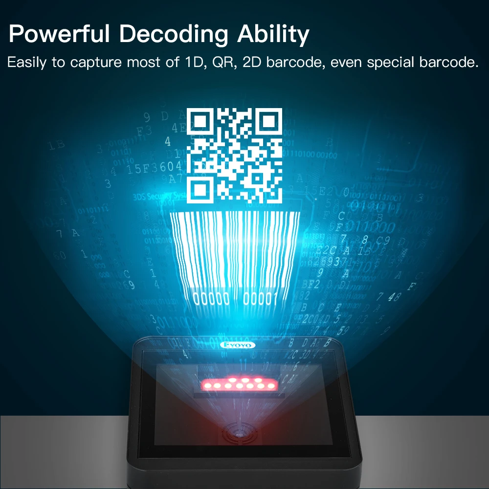 Eyoyo 2D QR Desktop Barcode Scanner infrared auto-sensing scanning decoding capability handfree supermarket big desktop scanner |