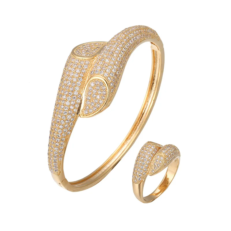 

Trendy Clamper CZ Bracelet Ring Set RB61230 Jewelry Woment Elegant Bangle Gold Silver Plated