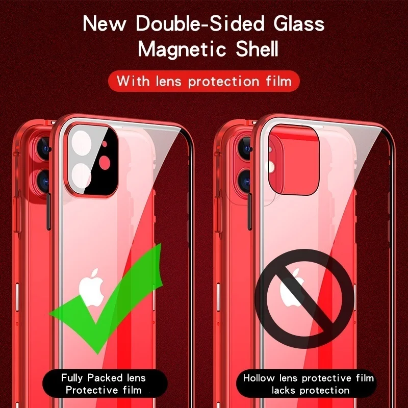 Магнитный металлический двухсторонний стеклянный чехол для телефона iPhone 12 Mini 11