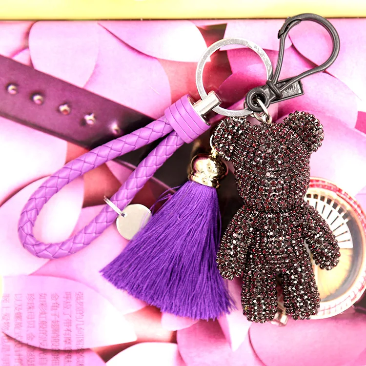 2020 High quality Crystal Cartoon Pessimistic Bear Keychain Fashion skin Rope Fringe Key chains Women Bag Car key Ring | Украшения и