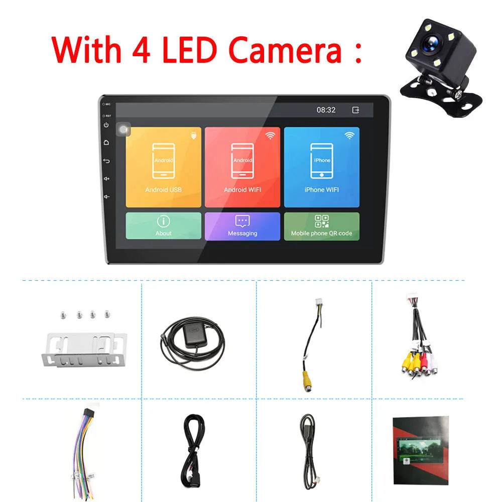 With 4 LED Camera Podofo 10,1 ''Android 2 Din GPS; стереооборудование для автомобиля радио 2.5D зеркало из закаленного стекла мультимедийный плеер Bluetooth wifi fm-радио приемник - Цвет: With 4 LED Camera