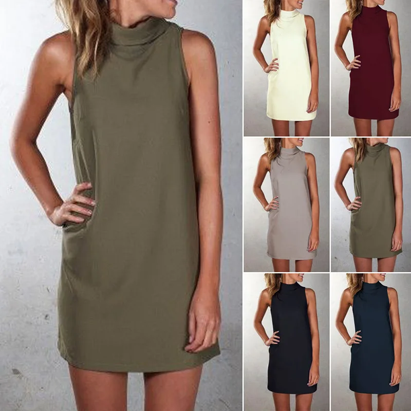 

Stand Collar Shift Dress Casual Women Sleeveless Elegant Mini Dress Party Night Club Sukienka Plus Size 5xl Solid Dress Plain