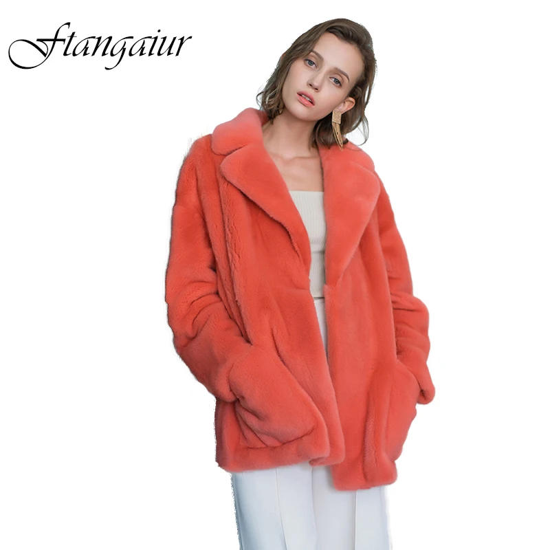 

Ftangaiur Winter Velvet Mink Fur Overcoats For Femal Turn-Down Collar Pure Color Mink Coat Women's Medium Real Fur Coats