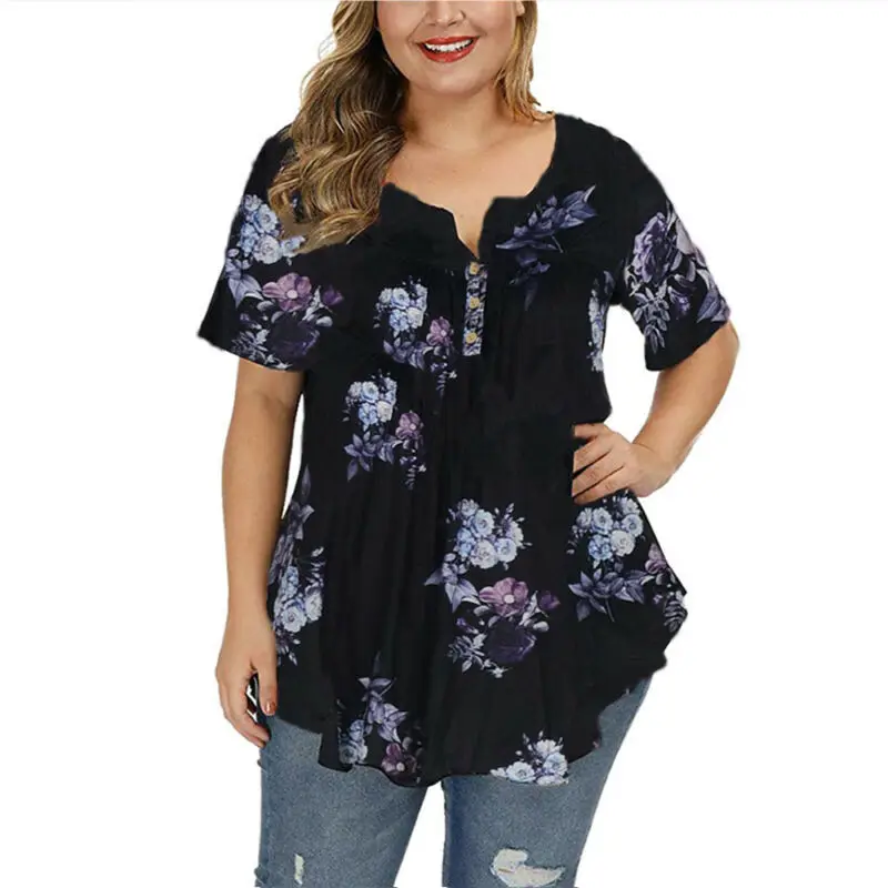 

Womens Short Sleeve T-shirt Blouse Summer Floral Print Casual Pleated Shirt Tops
