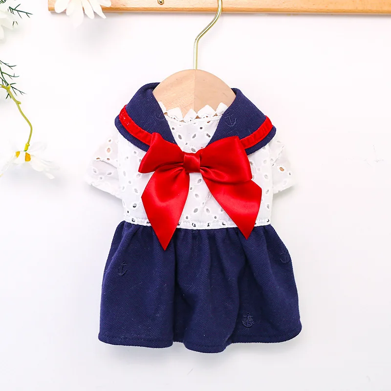 

College Style Cat Dog Dress Big Red Bow-tie Dog Princess Dress Navy Sailor Puppy Skirts For Dogs Party Wedding Girl Dog Clothes