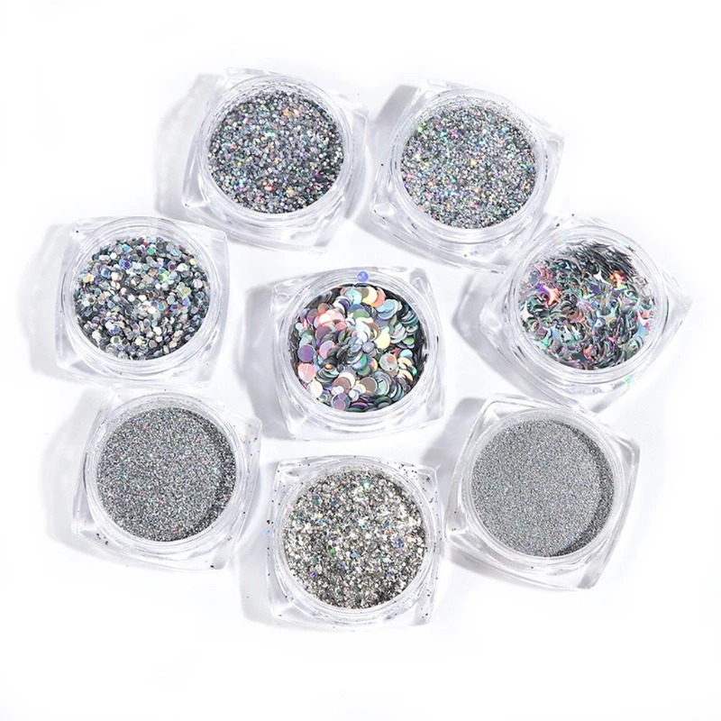 

8Pcs Holographic Silvery Fine Glitter Epoxy Resin Metallic Silver Festival Sequins Resin Jewelry Pigment Nail Art Powder